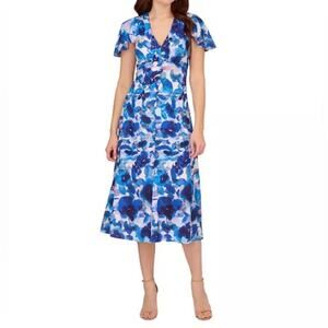 Adrianna Papell Women's Printed Chiffon Midi Dress Blue Multi Sz 4 NWT
